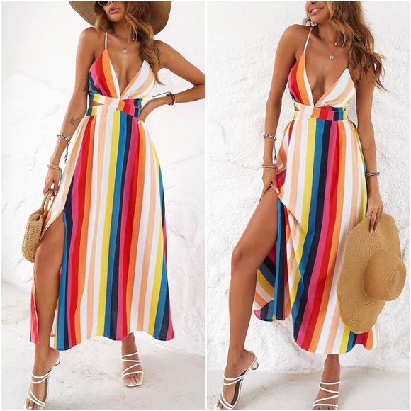 Boho multicolor Stripes Lace up Back Maxi Dress - Picture 5 of 5